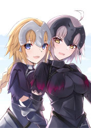 Rule 34 | 2girls, :d, absurdres, ahoge, armor, armored dress, backlighting, bee doushi, black dress, blonde hair, blue dress, blue eyes, blue sky, blush, braid, brown eyes, chain, cloud, commentary request, day, dress, fate/grand order, fate (series), grey hair, hair between eyes, headpiece, highres, jeanne d&#039;arc (fate), jeanne d&#039;arc (ruler) (fate), jeanne d&#039;arc alter (avenger) (fate), jeanne d&#039;arc alter (fate), long hair, multiple girls, open mouth, signature, simple background, single braid, sky, smile, very long hair, white background