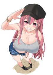 Rule 34 | 1girl, alternate costume, arm up, azur lane, bare shoulders, black footwear, black hat, blush, breasts, bremerton (azur lane), casual, cleavage, collarbone, commentary request, crop top, denim, denim shorts, foreshortening, from above, full body, grey hair, grey tank top, grin, hair between eyes, hair down, hat, highres, large breasts, long hair, looking at viewer, midriff, mole, mole on breast, mole under eye, multicolored hair, navel, navel piercing, piercing, pink eyes, pink hair, ribbed shirt, salute, shadow, shirt, shorts, sidelocks, simple background, sketch, smile, solo, soul (dp11), standing, streaked hair, tank top, teeth, two-tone hair, white background