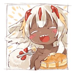 Rule 34 | 1girl, blush, closed eyes, commentary, commentary request, dark-skinned female, dark skin, fangs, faputa, food, fork, happy, highres, holding, holding fork, made in abyss, monster girl, mumu yu mu, open mouth, pancake, pancake stack, plate, short hair, simple background, sketch, smile, solo, teeth, very dark skin, white background, white fur, white hair