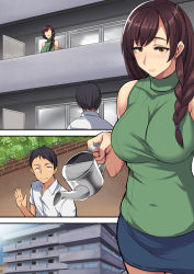 Rule 34 | 1boy, 1girl, bare arms, bare shoulders, black hair, blue skirt, blush, braid, breasts, brown hair, building, highres, hitozu mansion oyakodon-hen, holding, large breasts, legs, light smile, long hair, looking down, looking up, murasame nohito, orange eyes, outdoors, parted lips, plant, sequential, short hair, short sleeves, single braid, skirt, sleeveless, smile, standing, sweater, thighs, turtleneck, walking, waving