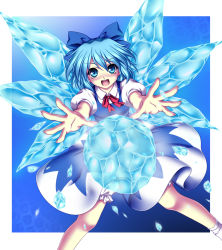 Rule 34 | 1girl, blue eyes, blue hair, bow, cirno, dress, female focus, gradient background, hair bow, ice, matching hair/eyes, nonbei, short hair, solo, touhou, wings