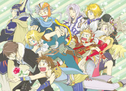 Rule 34 | 00s, 1980s (style), 1990s (style), 1girl, 6+boys, armor, bandana, beshiexe, blonde hair, blue eyes, brown eyes, brown hair, bartz klauser, cecil harvey, closed eyes, cloud strife, dissidia final fantasy, everyone, final fantasy, final fantasy i, final fantasy ii, final fantasy iii, final fantasy iv, final fantasy ix, final fantasy v, final fantasy vi, final fantasy vii, final fantasy viii, final fantasy x, flower, firion, gloves, green eyes, headband, helmet, jacket, jewelry, looking back, multiple boys, necklace, oldschool, onion knight, open mouth, pantyhose, ponytail, purple eyes, retro artstyle, rose, shoulder pads, sleeveless, sleeveless turtleneck, smile, squall leonhart, surprised, tail, tidus, tina branford, turtleneck, warrior of light (ff1), white hair, zidane tribal