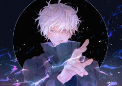 Rule 34 | 1boy, absurdres, artist name, black background, black jacket, blue eyes, closed mouth, colored eyelashes, electricity, gojou satoru, hair between eyes, hand up, high collar, highres, jacket, jujutsu kaisen, lansecha, light particles, long sleeves, looking at viewer, male focus, open hand, short hair, smile, solo, upper body, white hair