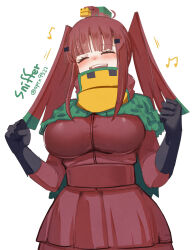 Rule 34 | 1girl, :d, ^ ^, at2., beamed eighth notes, black gloves, blunt bangs, blush, breasts, brown hair, brown jacket, brown skirt, capelet, character name, clenched hands, closed eyes, commentary request, eighth note, gloves, green capelet, green hair, hair ornament, hairclip, hands up, highres, jacket, large breasts, layered skirt, long hair, minecraft, multicolored hair, musical note, open mouth, personification, simple background, skirt, smile, sniffer (minecraft), solo, twintails, twitter username, two-tone hair, white background
