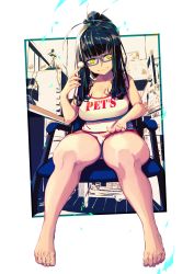 Rule 34 | 1girl, absurdres, barefoot, black hair, blue-framed eyewear, breasts, chair, clothes writing, feet, full body, glasses, hand on own thigh, highres, indoors, king rooper, lap pillow invitation, large breasts, long hair, looking at viewer, mimikaki, on chair, original, outside border, ponytail, scoop neck, shelf, shirt, short shorts, shorts, sidelocks, sitting, sleeveless, smile, solo, table, white shirt, yellow eyes