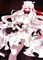 Rule 34 | 10s, 1girl, abyssal ship, breasts, cleavage, collarbone, covered mouth, dress, fingernails, glowing, glowing eyes, horns, kantai collection, konohana inori, large breasts, long hair, long sleeves, mask, midway princess, pale skin, red eyes, sharp fingernails, skirt hold, solo, veins, very long hair, white dress, wide sleeves
