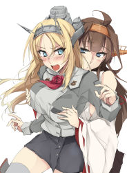 Rule 34 | &gt;:0, 2girls, :o, ahoge, aqua eyes, bare shoulders, black skirt, blonde hair, blue eyes, blush, grabbing another&#039;s breast, breasts, brown hair, closed mouth, detached sleeves, embarrassed, female focus, grabbing, grabbing from behind, grey uniform, hair between eyes, half-closed eyes, hand up, hands up, headgear, japanese clothes, kantai collection, kongou (kancolle), large breasts, long hair, long sleeves, looking at another, looking at viewer, looking back, md5 mismatch, miniskirt, moaning, multiple girls, nelson (kancolle), open mouth, pencil skirt, red neckwear, resolution mismatch, shy, simple background, skirt, source smaller, standing, uniform, white background, white detached sleeves, wide sleeves, yuri, zekkyon