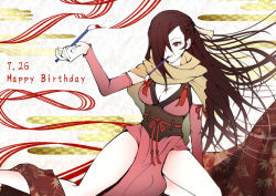 Rule 34 | 1girl, artist name, atoatto, breasts, brown hair, cleavage, dated, fire emblem, fire emblem fates, hair over one eye, happy birthday, kagero (fire emblem), long hair, nintendo, paintbrush, ponytail, red eyes, scarf