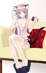 Rule 34 | 1girl, animal ears, animal slippers, bare arms, bell, body blush, brown hair, cat ears, cat tail, choker, couch, headphones, headphones removed, holding, jingle bell, koshikawa guu, long hair, neck bell, original, pillow, pink eyes, polka dot pillow, sitting, slippers, smile, solo, tail, thighhighs, white thighhighs