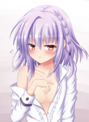 Rule 34 | 1boy, asuka minato, blush, braid, center frills, closed mouth, collarbone, commentary, covering privates, covering chest, embarrassed, eyelashes, eyes visible through hair, flying sweatdrops, frills, frown, hair between eyes, half-closed eyes, highres, light purple hair, long sleeves, looking at viewer, medium hair, off shoulder, open clothes, otome domain, red eyes, shirt, sidelocks, simple background, single braid, single hair intake, solo, trap, upper body, white background, white shirt, yuunagi (yunagi1373)