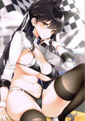 Rule 34 | 1girl, absurdres, animal ear fluff, animal ears, atago (azur lane), atago (stunning speedster) (azur lane), azur lane, bikini, black bikini, black hair, blurry, blurry background, blush, breasts, brown thighhighs, checkered flag, cowboy shot, depth of field, extra ears, feet out of frame, flag, groin, hair between eyes, hair ribbon, high heels, highres, knee up, large breasts, logo, long hair, long sleeves, looking at viewer, mirei, mole, mole under eye, navel, race queen, ribbon, scan, shrug (clothing), sitting, smile, solo, stomach, swimsuit, thighhighs, thighs, two-tone bikini, very long hair, white footwear, white ribbon, wolf ears, wrist cuffs, yellow eyes