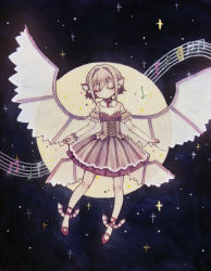 Rule 34 | 1girl, absurdres, alternate costume, animal ears, bare shoulders, beamed quavers, colored pencil (medium), curtain (posuinochuanglian), detached collar, detached sleeves, closed eyes, full body, full moon, highres, mary janes, moon, multiple wings, musical note, mystia lorelei, night, no headwear, no headwear, no mouth, painting (medium), pink hair, puffy sleeves, quaver, shirt, shoes, short hair, short sleeves, skirt, skirt set, solo, staff (music), star (sky), touhou, traditional media, watercolor (medium), wings, wrist cuffs, yin yang