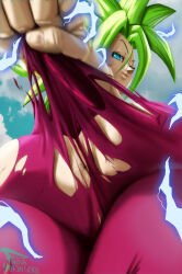 Rule 34 | 1girl, absurdres, anus, artist name, ass, blue eyes, blue sky, clenched hand, closed mouth, cloud, dragon ball, dragon ball super, electricity, from behind, from below, green hair, highres, kefla (dragon ball), leggings, lips, looking at viewer, looking back, novasayajingoku, sky, smile, spiked hair, super saiyan, tearing clothes, torn clothes