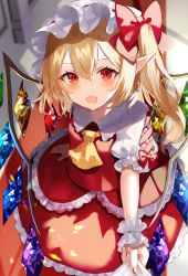 Rule 34 | 1girl, arm up, ascot, blonde hair, bow, breasts, collared shirt, crystal, earrings, fang, fingernails, flandre scarlet, floor, frills, hair between eyes, hand up, hat, hat bow, jewelry, looking at viewer, medium breasts, mob cap, multicolored wings, nail polish, one side up, open mouth, pointy ears, puffy short sleeves, puffy sleeves, red bow, red eyes, red nails, red skirt, red vest, sakizaki saki-p, shadow, shirt, short hair, short sleeves, skirt, solo, standing, touhou, twitter username, vest, white hat, white shirt, wings, wrist cuffs, yellow ascot
