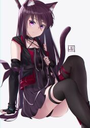 Rule 34 | 1girl, absurdres, animal ears, arknights, arm behind back, arm ribbon, arm support, ass, bare shoulders, black choker, black dress, black gloves, black panties, black vest, breasts, cat ears, cat girl, cat tail, choker, dress, elbow gloves, expressionless, fingerless gloves, gloves, hair between eyes, hand on own chest, hand up, highres, infection monitor (arknights), jebi, knees up, long hair, looking at viewer, material growth, melantha (arknights), oripathy lesion (arknights), panties, purple eyes, purple hair, purple ribbon, ribbon, sitting, sleeveless, sleeveless dress, small breasts, solo, tail, thighhighs, thighs, underwear, upskirt, very long hair, vest