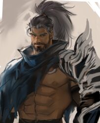 Rule 34 | 1boy, abs, absurdres, aged up, armor, bara, bare pectorals, beard, black hair, dark-skinned male, dark skin, dopey (dopq), facial hair, full beard, gradient hair, grey hair, highres, large pectorals, league of legends, long hair, looking to the side, male focus, mature male, multicolored hair, muscular, muscular male, navel, nipples, pauldrons, pectorals, scar, scar on face, scar on nose, shoulder armor, single pauldron, smile, solo, stomach, thick eyebrows, unfinished, upper body, yasuo (league of legends)