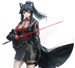 Rule 34 | 1girl, absurdres, animal ear fluff, animal ears, arknights, black coat, black hair, black shorts, coat, collared shirt, cowboy shot, franlol, gloves, green necktie, highres, holding, holding sword, holding weapon, long hair, long sleeves, looking at viewer, mouth hold, necktie, official alternate costume, open clothes, open coat, orange eyes, ponytail, red gloves, red shirt, shirt, shorts, sidelocks, simple background, solo, striped clothes, striped shorts, sword, texas (arknights), texas (willpower) (arknights), thigh strap, v-shaped eyebrows, weapon, white background, wolf ears