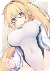 Rule 34 | 1girl, bespectacled, black-framed eyewear, blonde hair, blue eyes, blue jacket, blush, breasts, closed mouth, commentary request, competition swimsuit, covered erect nipples, dutch angle, fate/grand order, fate (series), from below, glasses, hair between eyes, hair ornament, jacket, jeanne d&#039;arc (fate), jeanne d&#039;arc (ruler) (fate), jeanne d&#039;arc (swimsuit archer) (fate), jeanne d&#039;arc (swimsuit archer) (second ascension) (fate), large breasts, long hair, looking at viewer, miko (royal milk), navel, one-piece swimsuit, open clothes, open jacket, ponytail, purple eyes, smile, solo, swimsuit, very long hair, white background, white one-piece swimsuit