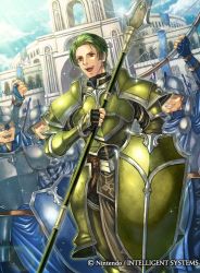 Rule 34 | 4boys, armor, armored boots, boots, bow (weapon), brown eyes, company name, day, faceless, faceless male, fingerless gloves, fire emblem, fire emblem cipher, fire emblem echoes: shadows of valentia, forsyth (fire emblem), gloves, green armor, green hair, helmet, male focus, multiple boys, nintendo, official art, open mouth, polearm, shield, sky, solo focus, sparkle, spear, teeth, weapon
