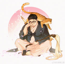 Rule 34 | 1boy, animal, animal on shoulder, bara, belly, cat, cat on shoulder, cherry blossoms, chinese clothes, crossed legs, elbow rest, full body, glasses, highres, lovesheng1314, male focus, original, plump, sleeping, solo, thick eyebrows, tree