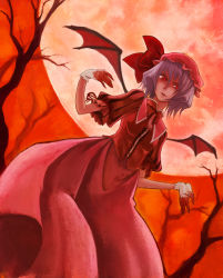 Rule 34 | 1girl, bat wings, blood, female focus, gloves, hat, highres, moon, nature, outdoors, pepe (pepe&#039;s hp), plant, red eyes, red moon, remilia scarlet, skirt, sky, solo, touhou, wings