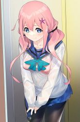 Rule 34 | 1girl, a1 (initial-g), black pantyhose, blue eyes, blue sailor collar, bra visible through clothes, closed mouth, collarbone, commentary request, hair ornament, long hair, long sleeves, looking at viewer, low twintails, ochikobore fruit tart, pantyhose, pink hair, sailor collar, sakura ino, school uniform, shirt, solo, twintails, wet, wet clothes, wet hair, wet shirt