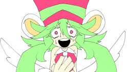 Rule 34 | 1girl, animal ears, blush stickers, breasts, green hair, hat, leotard, mad rat dead, mouse (animal), mouse ears, mouse girl, nippon ichi, panicking, rat god, red eyes, tie clip, top hat, wings, wrist cuffs