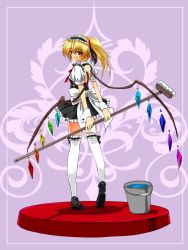 Rule 34 | 1girl, alternate costume, apron, black dress, blonde hair, bow, broom, bucket, dress, enmaided, flandre scarlet, frilled apron, frilled thighhighs, frills, from behind, full body, hair bow, hairband, headband, highres, kneehighs, looking at viewer, looking back, maid, maid apron, maid headdress, nekominase, over-kneehighs, puffy short sleeves, puffy sleeves, red eyes, ribbon, shoes, short sleeves, side ponytail, smile, socks, solo, thighhighs, touhou, white socks, white thighhighs, wristband, zettai ryouiki