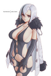 Rule 34 | 1girl, absurdres, arlecchino (genshin impact), black hair, blush, breasts, coat, coat on shoulders, collarbone, fur-trimmed coat, fur trim, genshin impact, grey eyes, grey hair, hair between eyes, highres, large breasts, looking at viewer, melowh, multicolored hair, navel, red pupils, short hair, solo, streaked hair, symbol-shaped pupils, thighs, white coat, x-shaped pupils