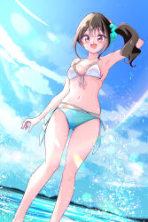 1girl absurdres aqua_bikini aqua_scrunchie arms_behind_head bikini black_hair blue_sky breasts cloud cloudy_sky day dutch_angle front-tie_bikini_top front-tie_top hair_ornament hair_scrunchie highres horizon kakikakilemon looking_at_viewer mismatched_bikini multi-strapped_bikini_bottom navel nekoyashiki_mayu ocean open_mouth outdoors precure purple_eyes scrunchie side_ponytail sky small_breasts smile solo standing swimsuit white_bikini wonderful_precure!