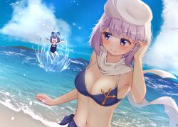 2girls beach bikini blue_bikini blue_eyes blue_one-piece_swimsuit blush breasts cirno cleavage closed_mouth cloud cloudy_sky commentary_request day happy hat highres lapel_pin letty_whiterock medium_breasts medium_hair multiple_girls navel ocean one-piece_swimsuit open_mouth purple_hair rital sand scarf sky smile stomach swimsuit touhou white_hat white_scarf