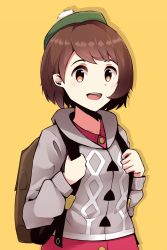 Rule 34 | 1girl, backpack, bag, brown eyes, brown hair, cardigan, creatures (company), dress, drop shadow, game freak, gloria (pokemon), green hat, grey sweater, hat, highres, holding strap, long sleeves, looking at viewer, nintendo, open mouth, pink dress, pokemon, pokemon swsh, short hair, simple background, smile, solo, sweater, tadada, tam o&#039; shanter, upper body, yellow background