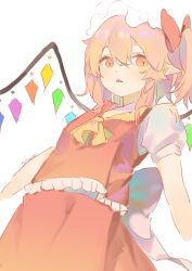Rule 34 | 1girl, absurdres, artist name, ascot, blush, bow, commentary, crystal, flandre scarlet, hair between eyes, hat, hat bow, highres, looking at viewer, mob cap, orange eyes, orange hair, pfallen, pointy ears, puffy short sleeves, puffy sleeves, red bow, red skirt, red vest, shirt, short sleeves, simple background, sketch, skirt, skirt set, touhou, triangle mouth, upper body, vest, white background, white hat, white shirt, wings, yellow ascot