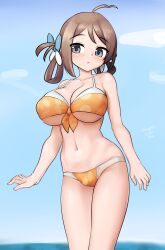 Rule 34 | 1girl, absurdres, ahoge, bikini, blue sky, breasts, brown hair, chougei (kancolle), cleavage, cloud, collarbone, day, feet out of frame, front-tie bikini top, front-tie top, hair ribbon, hair rings, highres, horizon, kantai collection, large breasts, long hair, maru (marg0613), ocean, official alternate costume, orange bikini, outdoors, ribbon, sky, solo, standing, swimsuit