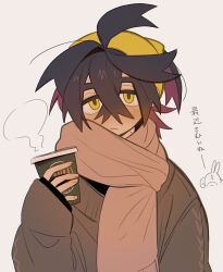 Rule 34 | 1boy, absurdres, ahoge, black hair, blush, brown scarf, brown shirt, brown sweater, brown sweater vest, coffee, coffee cup, creatures (company), crossed bangs, cup, disposable cup, doodle inset, frown, game freak, gen 2 pokemon, hair between eyes, hairband, highres, jacket, kieran (pokemon), long sleeves, looking at viewer, male focus, mole, mole on neck, multicolored hair, nintendo, pokemon, pokemon sv, purple hair, scarf, sentret, shirt, steam, sweater, sweater vest, tisanntisyou, upper body, yellow eyes, yellow hairband