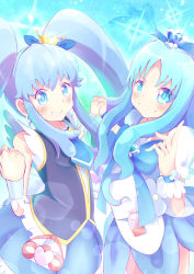 Rule 34 | 10s, 2girls, blue hair, bow, brooch, color connection, crown, cure marine, cure princess, earrings, grin, happinesscharge precure!, hashibuto, heart, heart brooch, heartcatch precure!, holding hands, jewelry, kurumi erika, long hair, magical girl, multiple girls, necktie, precure, shirayuki hime, smile, tiara, twintails