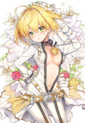 Rule 34 | 10s, ahoge, arm up, bad anatomy, belt, blonde hair, blush, bodysuit, breasts, chain, cleavage, cowboy shot, fate/extra, fate/extra ccc, fate (series), flower, gloves, green eyes, hair intakes, hand on own hip, head tilt, highres, light smile, looking at viewer, medium breasts, navel, nero claudius (bride) (fate), nero claudius (fate), nero claudius (fate) (all), no bra, open bodysuit, open clothes, parted lips, pingo, pink flower, pink rose, red flower, red rose, rose, short hair, solo, standing, veil, waist cape, white gloves