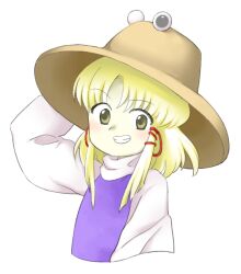 Rule 34 | 1girl, blonde hair, brown hat, flat chest, grin, hat, long hair, moriya suwako, nonamejd, official style, parted bangs, purple vest, simple background, smile, solo, teeth, touhou, turtleneck, upper body, vest, white background, yellow eyes, zun (style)