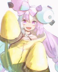 Rule 34 | 1girl, :d, character hair ornament, collarbone, commentary request, creatures (company), game freak, green hair, hair ornament, hand up, happy, highres, iono (pokemon), jacket, long hair, looking at viewer, multicolored hair, nintendo, open mouth, pokemon, pokemon sv, purple eyes, purple hair, satea, sharp teeth, sleeves past fingers, sleeves past wrists, smile, solo, teeth, tongue, two-tone hair, upper body, upper teeth only, white background, yellow jacket