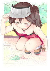 Rule 34 | 10s, 1girl, absurdres, adjusting clothes, adjusting headwear, blush, breasts, brown hair, chiyami, downblouse, extended downblouse, food, full body, hat, highres, ice cream, ice cream cone, jewelry, kantai collection, necklace, no bra, outdoors, pout, ryuujou (kancolle), small breasts, solo, squatting, sweat, tears, twintails, twitter username, visor cap, white legwear