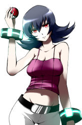 Rule 34 | 00s, 1girl, arm up, bare shoulders, belt, black hair, bracelet, breasts, buckle, camisole, cleavage, collarbone, cowboy shot, creatures (company), female focus, flipped hair, frown, game freak, gym leader, head tilt, hip focus, holding, holding poke ball, jewelry, kamekichi27, midriff, navel, nintendo, pants, poke ball, poke ball (basic), pokemon, pokemon hgss, red eyes, sabrina (pokemon), serious, simple background, solo, white background