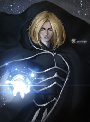 Rule 34 | 1boy, blonde hair, cape, gloves, highres, hood, hoodie, igniz (kof), long hair, looking at viewer, male focus, open hand, open mouth, solo, star (sky), the king of fighters, the king of fighters 2001, white gloves, xiaoguimist, yellow eyes