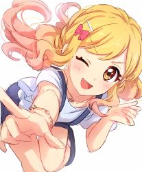 Rule 34 | &gt;:d, 10s, 1girl, :d, aikatsu!, aikatsu! (series), aikatsu stars!, blonde hair, blue footwear, blue skirt, blush, bow, bracelet, brown eyes, gradient hair, hair bow, hair ornament, hairclip, highres, jewelry, leaning forward, long hair, looking at viewer, multicolored hair, nijino yume, one eye closed, open mouth, pink bow, pink hair, pointing, pointing at viewer, sekina, shirt, shoes, short sleeves, simple background, sketch, skirt, smile, socks, solo, standing, standing on one leg, thigh gap, v-shaped eyebrows, white background, white shirt, white socks