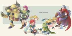 Rule 34 | 3girls, absurdres, ayla (chrono trigger), belt, blonde hair, blue eyes, cat, chrono trigger, crono (chrono trigger), frog (chrono trigger), full body, glasses, headband, highres, jewelry, long hair, lucca ashtear, magus (chrono trigger), marle (chrono trigger), mogg magg, multiple boys, multiple girls, open mouth, ponytail, purple hair, red hair, robo (chrono trigger), robot, short hair, simple background, smile, spiked hair, sword, weapon