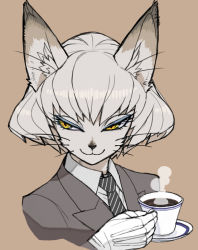 Rule 34 | androgynous, business suit, coffee, cup, eyeshadow, formal, furry, gender request, kemonon, makeup, short hair, simple background, solo, suit, upper body, white hair, yellow eyes