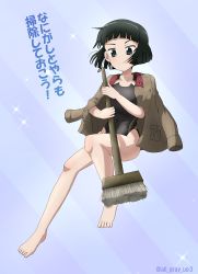 Rule 34 | 1girl, barefoot, black eyes, black hair, black one-piece swimsuit, blue background, blunt bangs, blunt ends, bob cut, broom, brown jacket, chi-hatan military uniform, closed mouth, commentary request, competition swimsuit, diagonal stripes, floating, frown, girls und panzer, haiiro purin, highres, holding, holding broom, jacket, jacket on shoulders, knee up, light blush, nishihara yasoko, one-piece swimsuit, partial commentary, short hair, solo, sparkle, striped, striped background, swimsuit, translated, twitter username