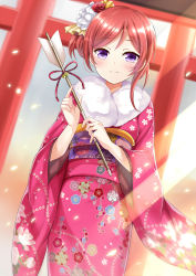 Rule 34 | 10s, 1girl, arrow (projectile), bad id, bad pixiv id, blush, flower, fur trim, hair flower, hair ornament, harimoji, highres, japanese clothes, kimono, looking at viewer, love live!, love live! school idol festival, love live! school idol project, nishikino maki, obi, purple eyes, red hair, sash, short hair, short ponytail, side ponytail, smile, solo, wide sleeves
