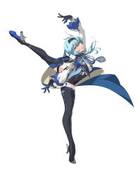 Rule 34 | 1girl, absurdres, arm up, ballet, black gloves, black hairband, blue cape, blue hair, blue necktie, boots, breasts, cape, clothing cutout, dancing, en pointe, eula (genshin impact), genshin impact, gloves, hair between eyes, hair ornament, hairband, hand up, high-waist shorts, high heel boots, high heels, highres, large breasts, leg lift, long sleeves, medium hair, muyi, necktie, open mouth, shorts, shoulder cutout, simple background, solo, standing, standing on one leg, thigh boots, two-tone gloves, vision (genshin impact), white background, white sleeves, wide sleeves