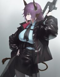 Rule 34 | 1girl, animal ears, arknights, belt, black jacket, blue shirt, breasts, collared shirt, cow ears, cow horns, cow tail, highres, holding, holding sword, holding weapon, horns, jacket, large breasts, leather skirt, necktie, pantyhose, pouch, shirt, sideroca (arknights), simple background, skirt, solo, sword, tail, thigh pouch, utility belt, wasabi60, weapon, white background