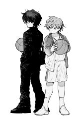 Rule 34 | 2boys, absurdres, bag, ball, basketball (object), basketball uniform, character request, copyright request, full body, gakuran, greyscale, highres, jacket, jihecchi, long sleeves, looking to the side, monochrome, multiple boys, open clothes, open jacket, pants, school bag, school uniform, shoes, shorts, simple background, socks, sportswear